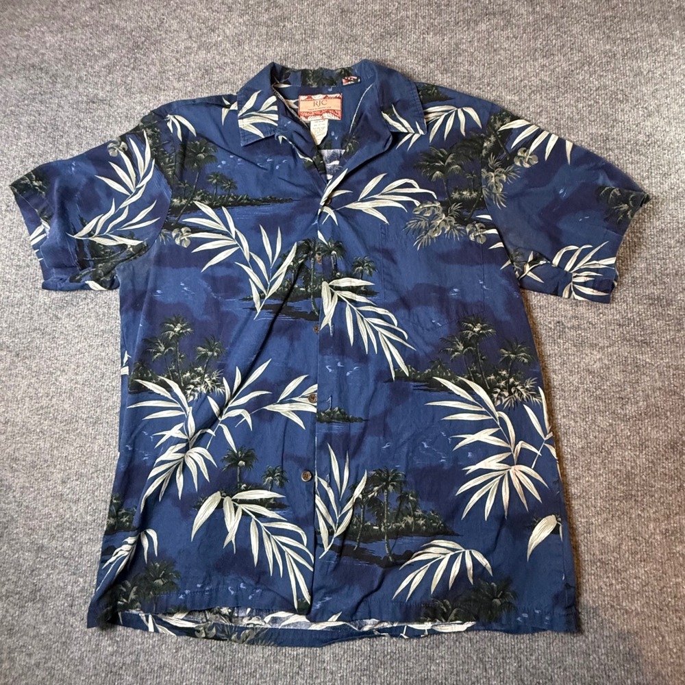 RJC Mens Hawaiian Shirt Blue Tropical Palm Tree Cotton Made in Hawaii 102C L